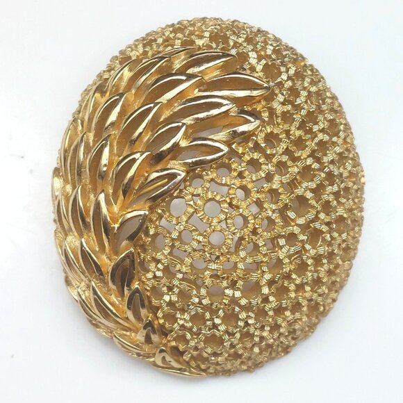 Vintage Crown Trifari Gold-Tone Leaf Motif Oval Brooch Pin Mod Retro Openwork De - Picture 8 of 8